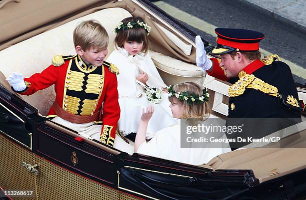 Tom Pettifer laughs with Prince Harry as they leave the Royal Wedding of Prince William to Catherine Middleton on April 29, 2011 in London, England....