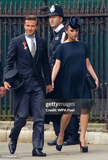 David Beckham and Victoria Beckham arrive at Westminster Abbey on April 29, 2011 in London, England.The marriage of Prince William, the second in...