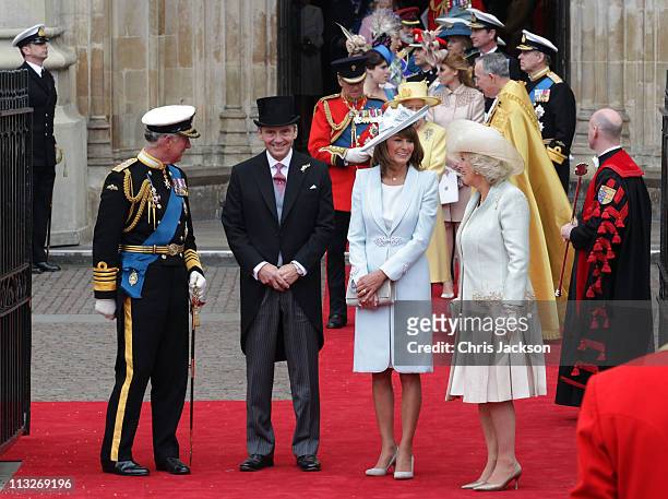 Prince Charles, Prince of Wales, Michael Middleton, Carole Middleton and Camilla, Duchess of Cornwall speak following the marriage of Prince William,...
