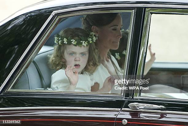 Maid of Honour Pippa Middleton and bridesmaid Grace van Cutsem make their way to Westminster Abbey on April 29, 2011 in London, England. The marriage...