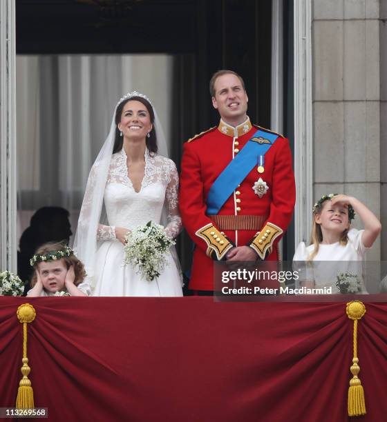 Prince William, Duke of Cambridge, Catherine, Duchess of Cambridge and Bridesmaids Grace Van Cutsem and Margarita Armstrong-Jones greet well-wishers...