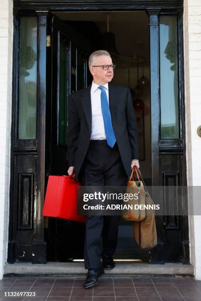 Britain's Environment, Food and Rural Affairs Secretary Michael Gove leaves his residence in west London on March 25, 2019. - British Prime Minister...