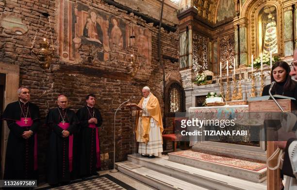 Pope Francis holds a celebration during a visit to the Marian Shrine of Loreto, near Ancona in the Marche region, on March 25 as Prefect of the Papal...