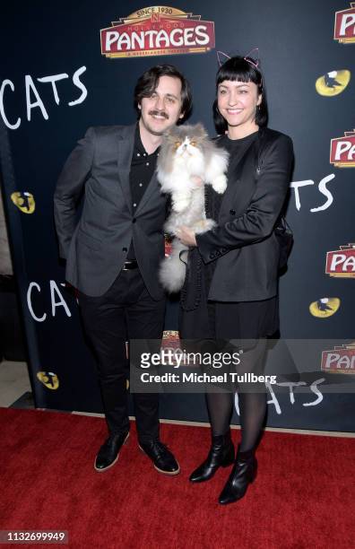 Taylor Inouye, celebrity cat Dewey the Persian and Kelly Heintz attend the Los Angeles opening night performance of "Cats" at the Pantages Theatre on...