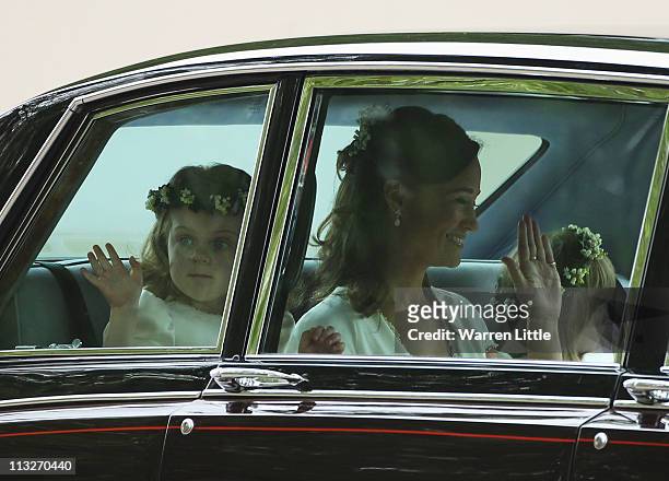 Sister of the bride and Maid of Honour Pippa Middleto, Grace Van Cutsem and Eliza Lopes ride to attend the Royal Wedding of Prince William to...