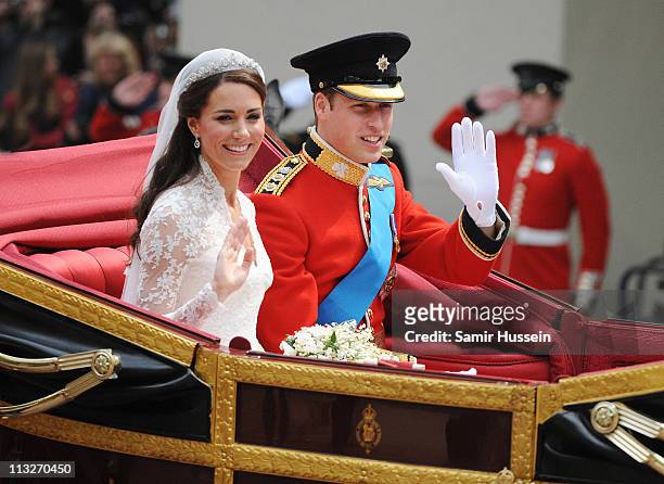 Prince William, Duke of Cambridge and Catherine, Duchess of Cambridge depart Westminster Abbey after there marriage on April 29, 2011 in London,...