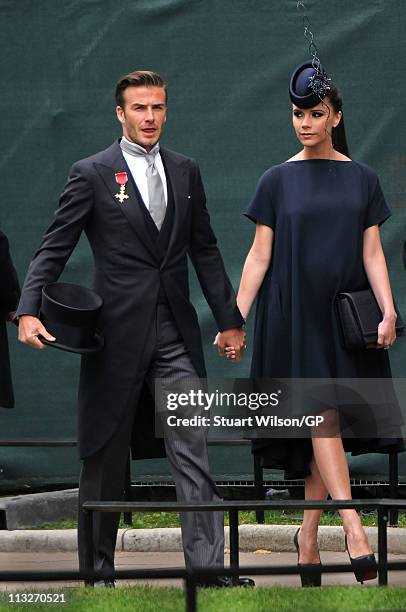 David Beckham and Victoria Beckham arrives to attend the Royal Wedding of Prince William to Catherine Middleton at Westminster Abbey on April 29,...