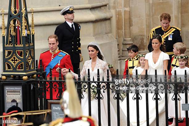 Their Royal Highnesses Prince William Duke of Cambridge and Catherine Duchess of Cambridge exit Westminster Abbey after their Royal Wedding followed...