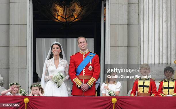 Prince William, Duke of Cambridge and Catherine, Duchess of Cambridge greet wellwishers from the balcony next to Lady Louise Windsor, Grace Van...