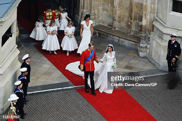 Their Royal Highnesses Prince William, Duke of Cambridge and Catherine, Duchess of Cambridge leave Westminster Abbey as they prepare to begin their...