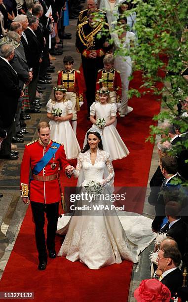 Prince William, Duke of Cambridge and Princess Catherine, Duchess of Cambridge leave the Westminster Abbey after their wedding ceremony on April 29,...