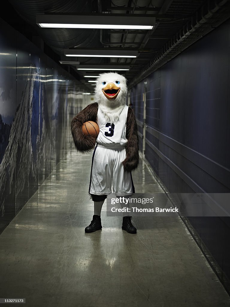 Eagle mascot standing in hallway of arena