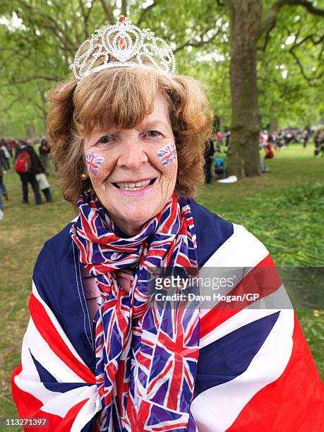 Joan Hilton 79 from London poses for a portrait during the Royal Wedding of Prince William to Catherine Middleton on April 29, 2011 in London,...