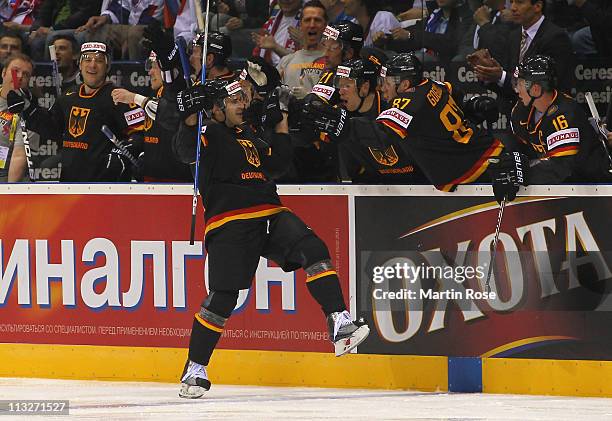 Thomas Greilinger of Germany celebrates after he scores his team's opening goal during the IIHF World Championship group A match between Germany and...