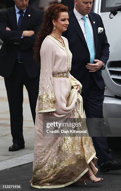 Princess Lalla Salma of Morocco leaves the Abbey following the marriage of Their Royal Highnesses Prince William Duke of Cambridge and Catherine...