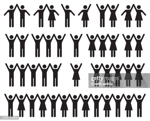 set of people icons in black and white – man and woman. - stick figure arms raised stock illustrations