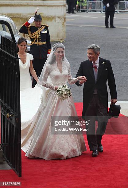 Catherine Middleton with her father, Michael Middleton arrives to attend her Royal Wedding to Prince William at Westminster Abbey on April 29, 2011...