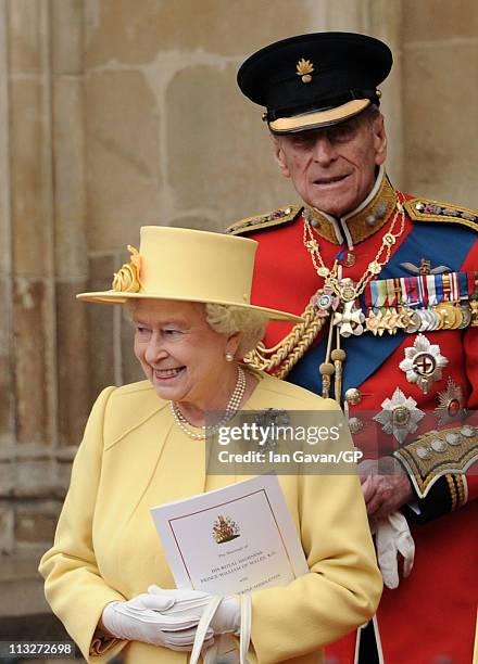 Queen Elizabeth II and Prince Philip, Duke of Edinburgh exit Westminster Abbey after the Royal Wedding of Prince William to Catherine Middleton on...