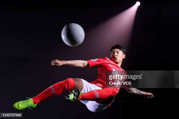 He Chao of Guangzhou Evergrande poses for video shoot ahead of Chinese Super League 2019 Season on February 27, 2019 in Guangzhou, Guangdong Province...