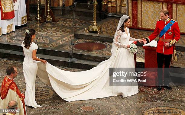 Prince William, Duke of Cambridge, his new bride Catherine, Duchess of Cambridge and Pippa Middleton take part in the service on April 29, 2011 in...