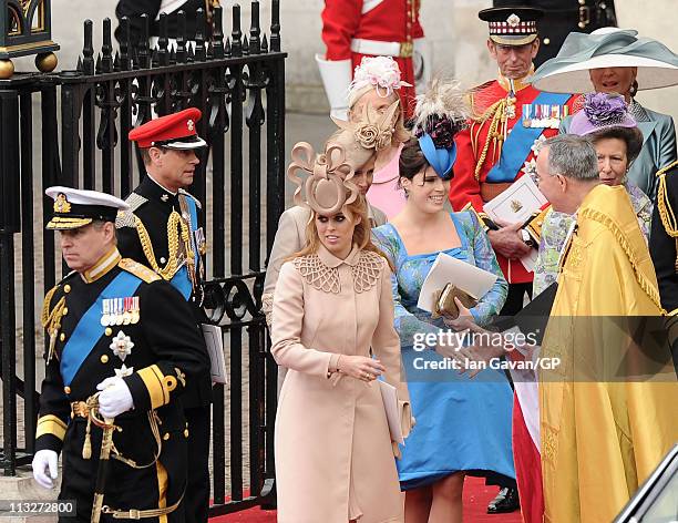 Prince Andrew, The Duke of York, Princess Beatrice of York, Princess Eugenie and Princess Anne, Princess Royal of York exit Westminster Abbey after...