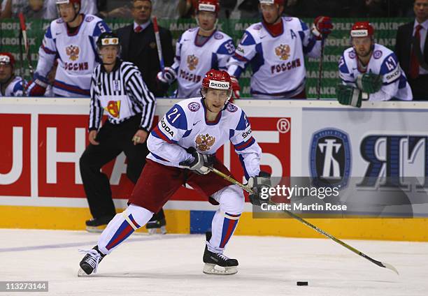 Konstantin Gorovikov of Russia runs with the puck during the IIHF World Championship group A match between Germany and Russia at Orange Arena on...