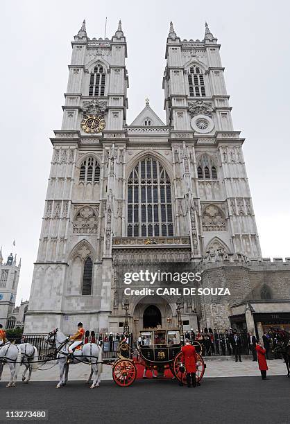 The 1902 State Landau carriage is parked in front of Westminster Abbey during the wedding ceremony for the marriage of Britain's Prince William and...