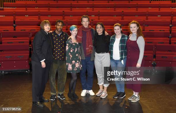 Benedict Cumberbatch poses with drama students after welcoming the new LAMDA Director, Sarah Frankcom, at LAMDA on February 28, 2019 in London,...