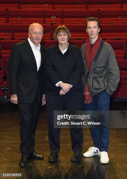 Benedict Cumberbatch poses with the new LAMDA Director, Sarah Frankcom, and Shaun Woodward, Chair, at LAMDA on February 28, 2019 in London, England.