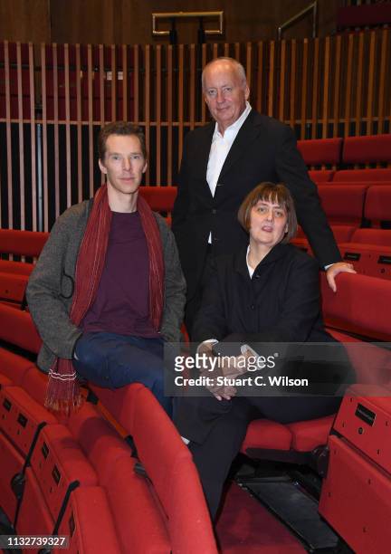 Benedict Cumberbatch poses with the new LAMDA Director, Sarah Frankcom, and Shaun Woodward, Chair, at LAMDA on February 28, 2019 in London, England.