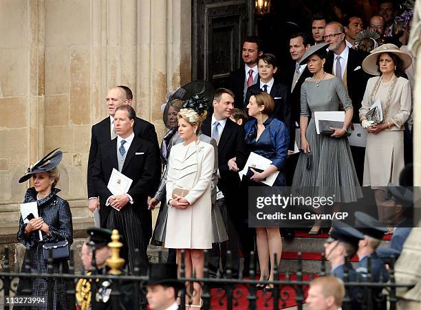 Princess Alexandra, Viscount David Linley, Viscountess Serena Linley, Zara Phillips, Mike Tindall, Lady Sarah Chatto exit Westminster Abbey after the...