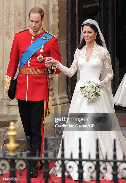 Their Royal Highnesses Prince William Duke of Cambridge and Catherine Duchess of Cambridge walk out of Westminster Abbey after their Royal Wedding on...