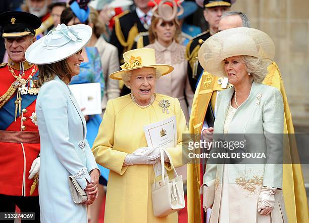 Britain's Queen Elizabeth II , Carole Middleton and Camilla, Duchess of Cornwall come out of Westminster Abbey in London, following the wedding...