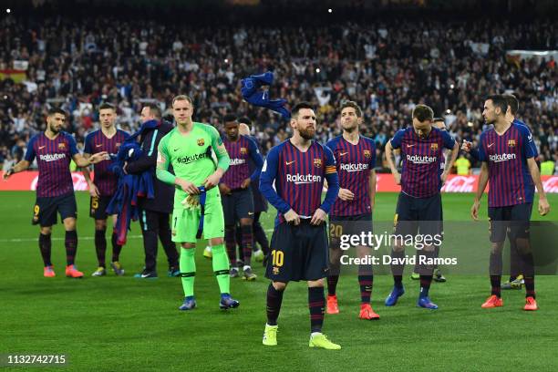 Lionel Messi of FC Barcelona looks on prior to the kick off during the Copa del Semi Final match second leg between Real Madrid and Barcelona at...
