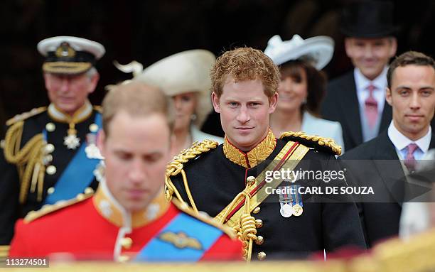 Britain's Prince Harry leaves Westminster Abbey in London, after the wedding ceremony of his brother Prince William and Kate, Duchess of Cambridge,...