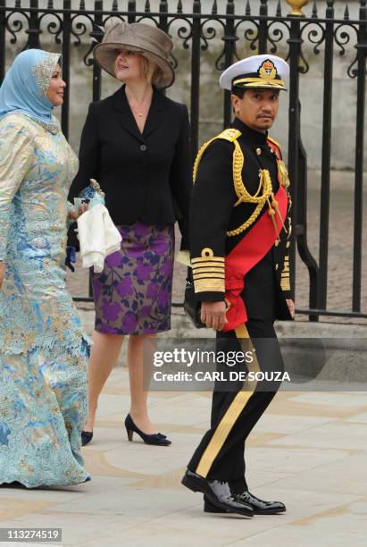 Tuanku Mizan Zainal Abidin, king of Malaysia, arrives at the West Door of Westminster Abbey in London for the wedding of Britain's Prince William and...