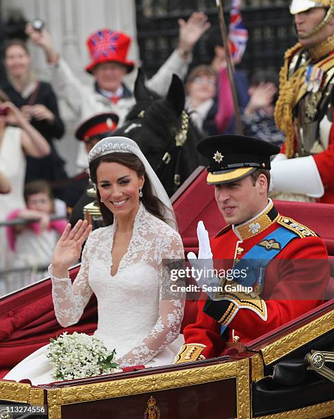 Their Royal Highnesses Prince William, Duke of Cambridge and Catherine, Duchess of Cambridge journey by carriage procession to Buckingham Palace...