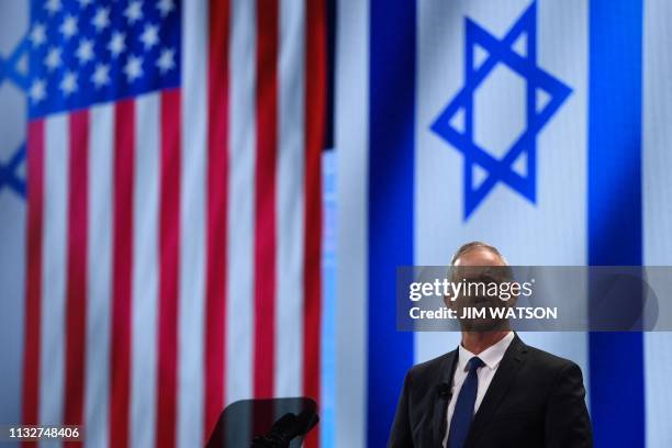 Retired Israeli general Benny Gantz, one of the leaders of the Blue and White political alliance, speaks during the AIPAC annual meeting in...