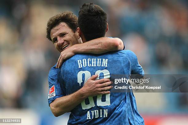 Mirkan Aydin of Bochum celebrates the third goal with Paul Freier during the Second Bundesliga match between VfL Bochum and Union Berlin at...