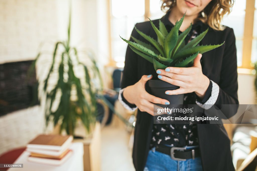 Oigenkännlig kvinna som innehar en Aloe Vera-växt