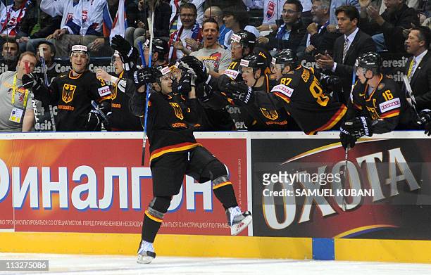 Germany's Thomas Greilinger celebrates after scoring during the IIHF Ice Hockey World Championship group A match between Germany and Russia in...
