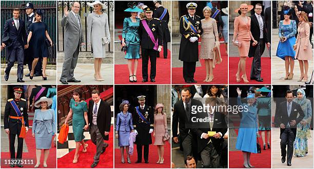 Combo picture shows guests arriving for the Royal Wedding of Prince William and Kate Middleton in London on April 29, 1011. British football player...