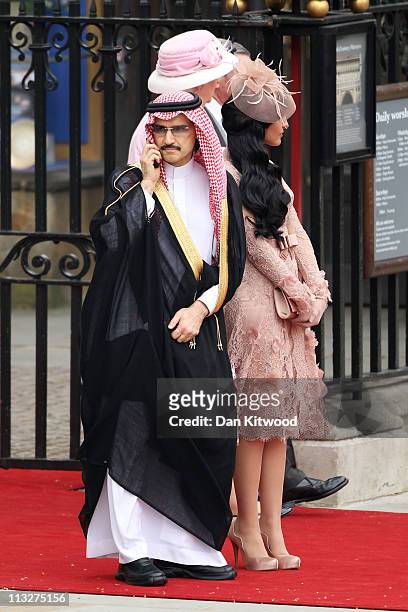 Saudi Prince Al-Waleed bin Talal and Princess Ameerah leave the Abbey following the marriage of Their Royal Highnesses Prince William Duke of...