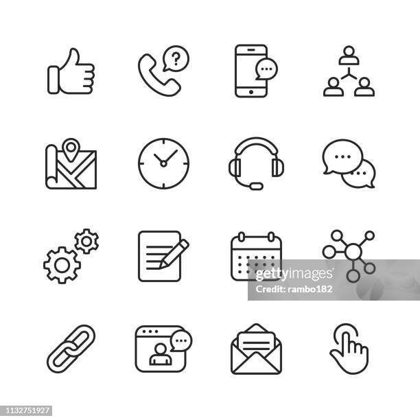 ilustrações de stock, clip art, desenhos animados e ícones de contact us line icons. editable stroke. pixel perfect. for mobile and web. contains such icons as like button, location, calendar, messaging, network. - touching