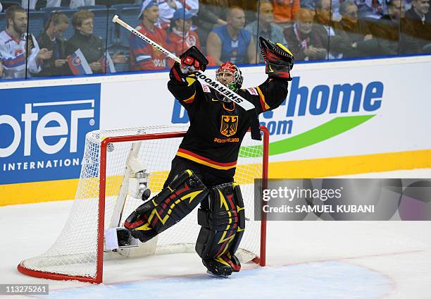 Germany's Dennis Endras celebrates after the IIHF Ice Hockey World Championship group A match between Germany and Russia, in Bratislava, on April 29,...