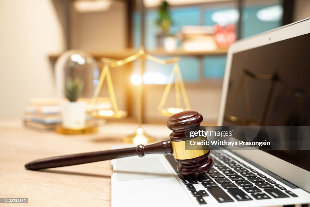 Legal Action Computer Law Legal Technology Concept Judge Gavel On Computer With Scales Of ...
