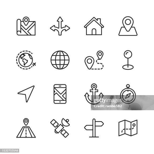 navigation line icons. bearbeitbare stroke. pixel perfect. für mobile und web. enthält solche icons wie direktion, karte, gps, straße, satellit. - informationssymbol stock-grafiken, -clipart, -cartoons und -symbole