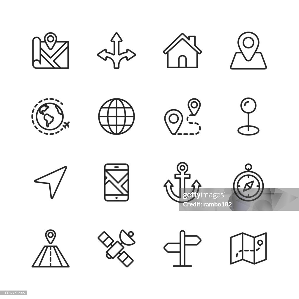 Navigation Line Icons. Editable Stroke. Pixel Perfect. For Mobile and Web. Contains such icons as Direction, Map, GPS, Road, Satellite.