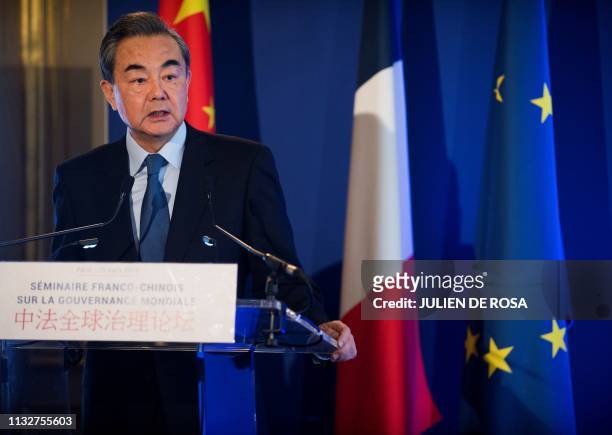 Chinese Foreign Affairs Minister Wang Yi speaks during a Franco Chinese seminar of global governance in Quai d'Orsay, in Paris, on March 25, 2019...