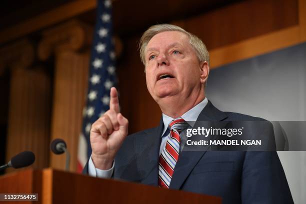 Senate Judiciary Committee Chairman Lindsey Graham, R-SC, speaks during a press conference on US Attorney General William Barr's summary of the...